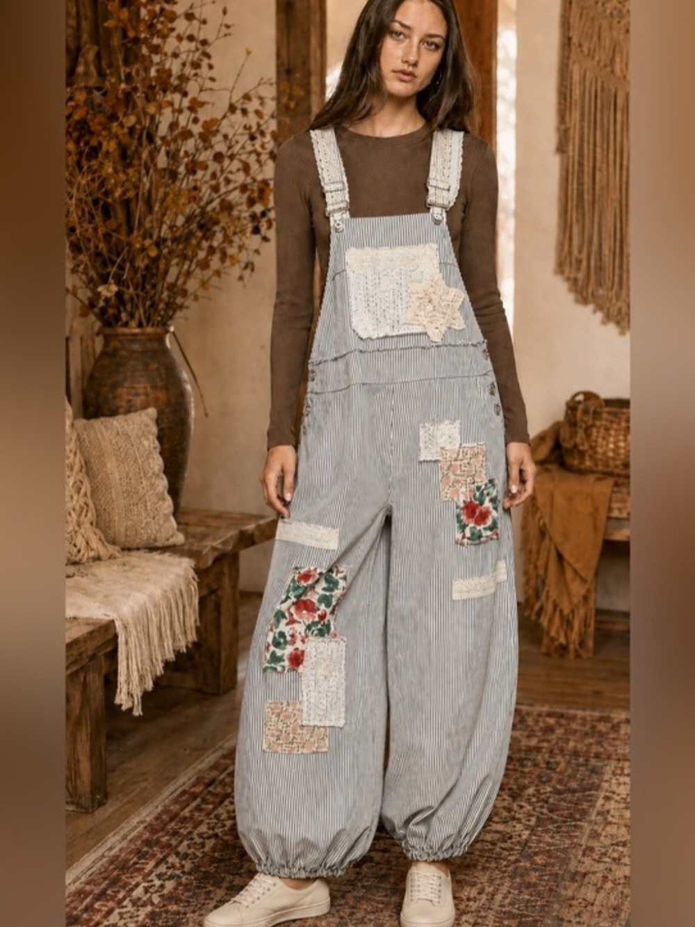 POL Blue-Striped Patchwork Overalls with Floral Appliqués